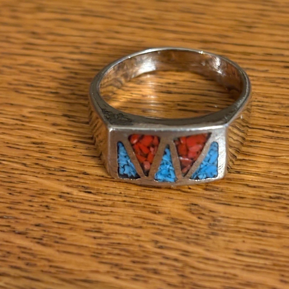 Vintage Native American sterling turquoise coral inlay ring unisex - Picture 6 of 6